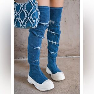 •CAPE ROBBIN• “Looks” Distressed Denim Over-the-Knee Platform Boots >> NIB